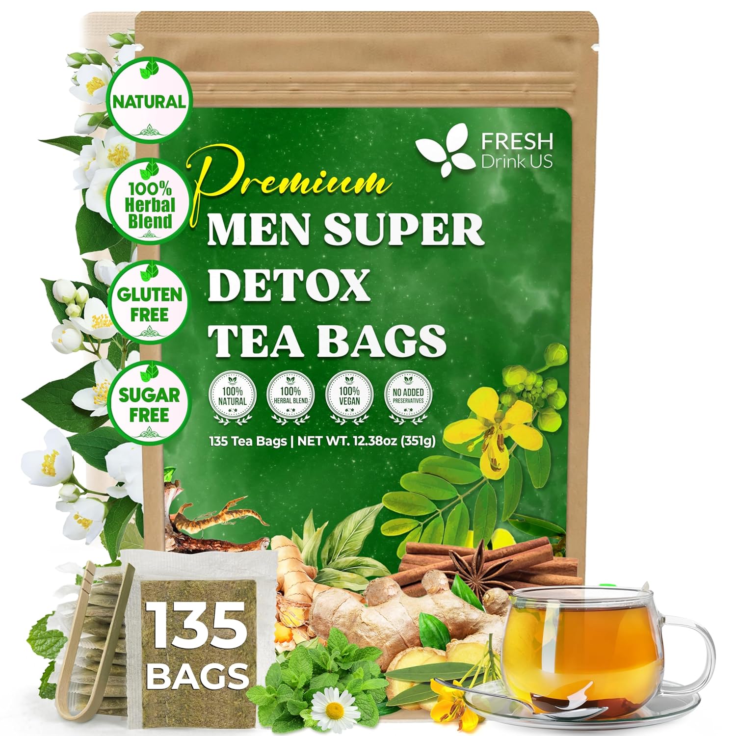 FreshDrinkUS, Premium 135 Tea Bags Men Super Detox Tea – Herbal Blend with Senna, Dandelion Root, Ginger, Peppermint & More – 100% Natural, Sugar-Free. Caffeine-Free. Gluten-Free. Vegan