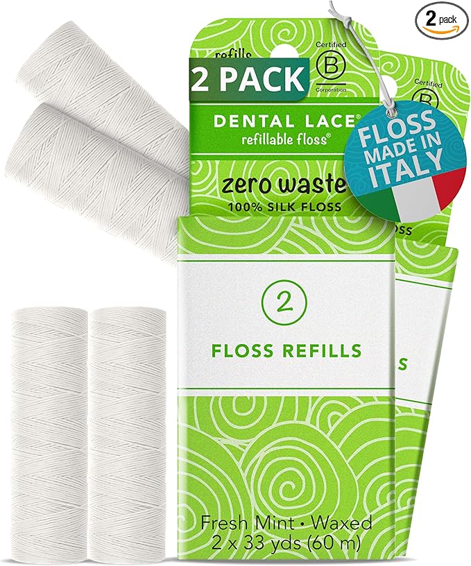 Refills - Dental Lace Refillable Silk Dental Floss - 100% Silk Floss with Mint Flavor, PFAS & PTFE Free - 2 Refill Spools (66 Yards) - Recyclable Packaging (Pack of 2)