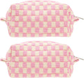 PAZIMIIK 2PCS Checkered Makeup Bag for Purse Portable Zipper Make Up Pouch Small Cosmetic Case for Travel Accessories Pink Beige