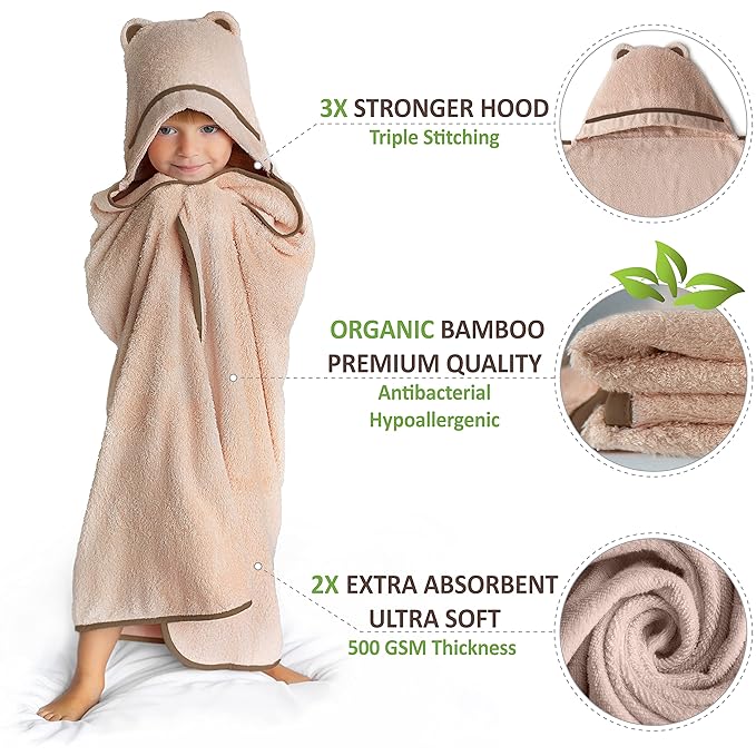 Premium Toddler Towels with Hood - Extra Soft Rayon from Bamboo Toddler Bath Towel (Beige)
