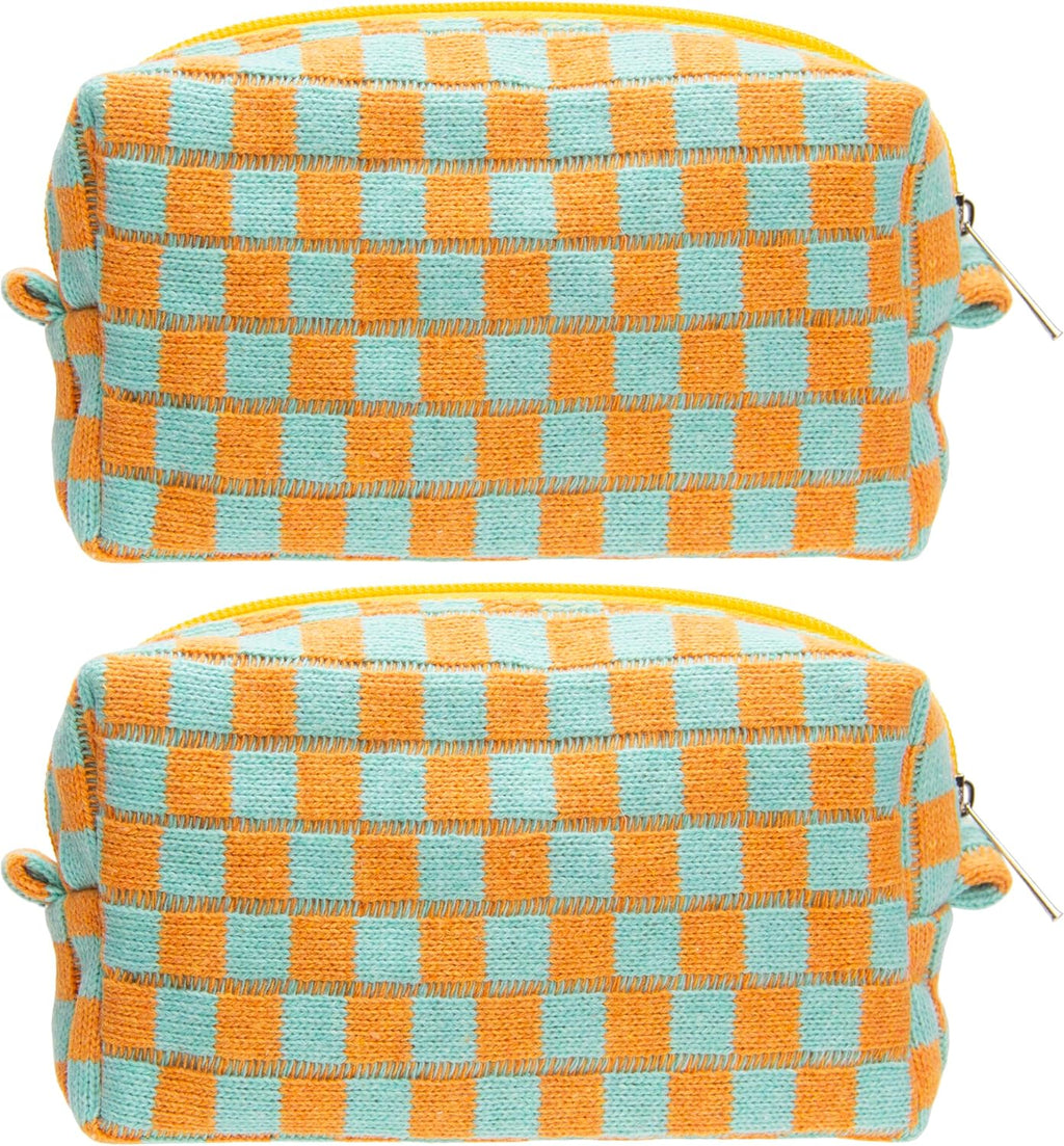 PAZIMIIK 2PCS Checkered Makeup Bag for Purse Portable Zipper Make Up Pouch Small Cosmetic Case for Travel Accessories Orange Green