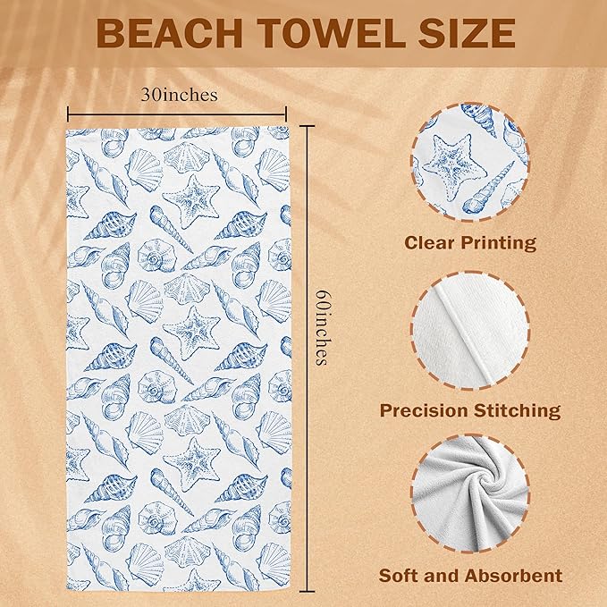 Coastal Seashell Starfish Beach Towel, Coastal Ocean Pool Towels, Seashell Starfish Summer Decor Large Beach Bath Travel Towels, Blue Coastal Ocean Summer Bathroom Accessories Decor, 30x60in