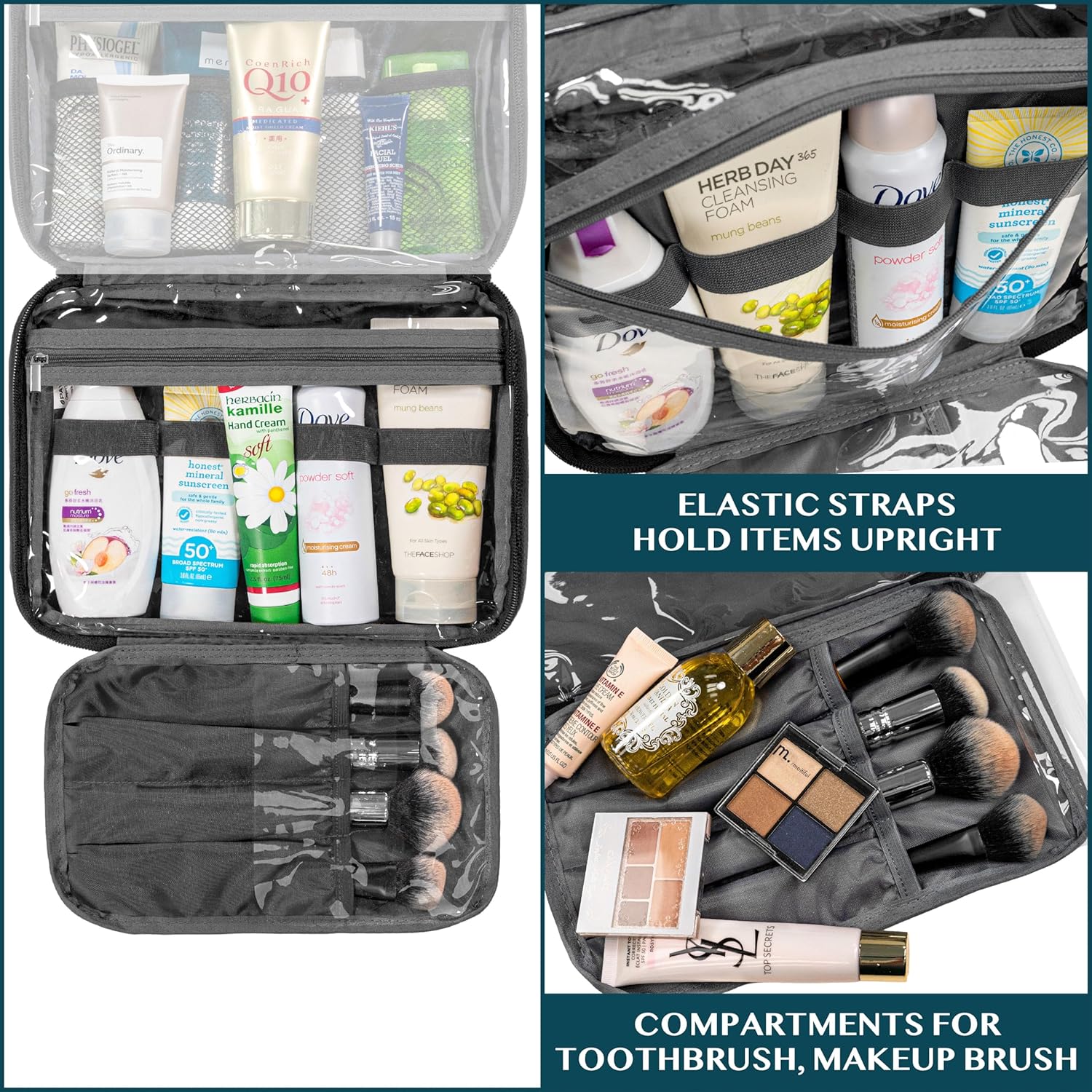 PAVILIA Hanging Toiletry Bag Women Men, Foldable Cosmetic Organizer Travel Bag, Water Resistant Makeup Bag Toiletries, Large Travel Essentials Kit (Black)