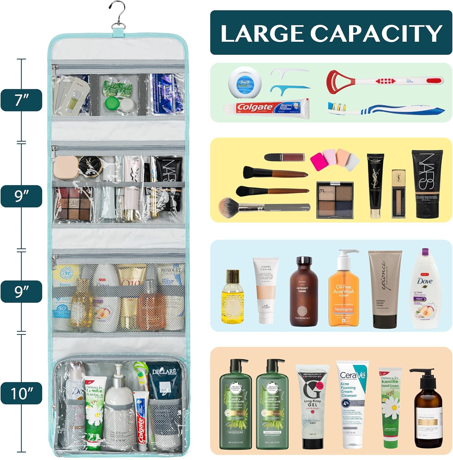 PAVILIA Travel Hanging Toiletry Bag for Women Men, Large Capacity Makeup Bag Kit, Waterproof Cosmetic Storage Organizer Case for Bathroom Shower