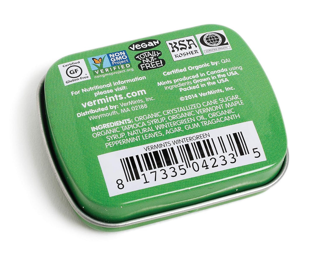 VerMints Organic Breath Mints Wintergreen - Real Long-Lasting Refreshment, Travel Size Tin - Non-GMO, Vegan, Nut Free, Gluten Free & Kosher Organic Candy Mints- .63oz/18g Tins (Pack of 12)