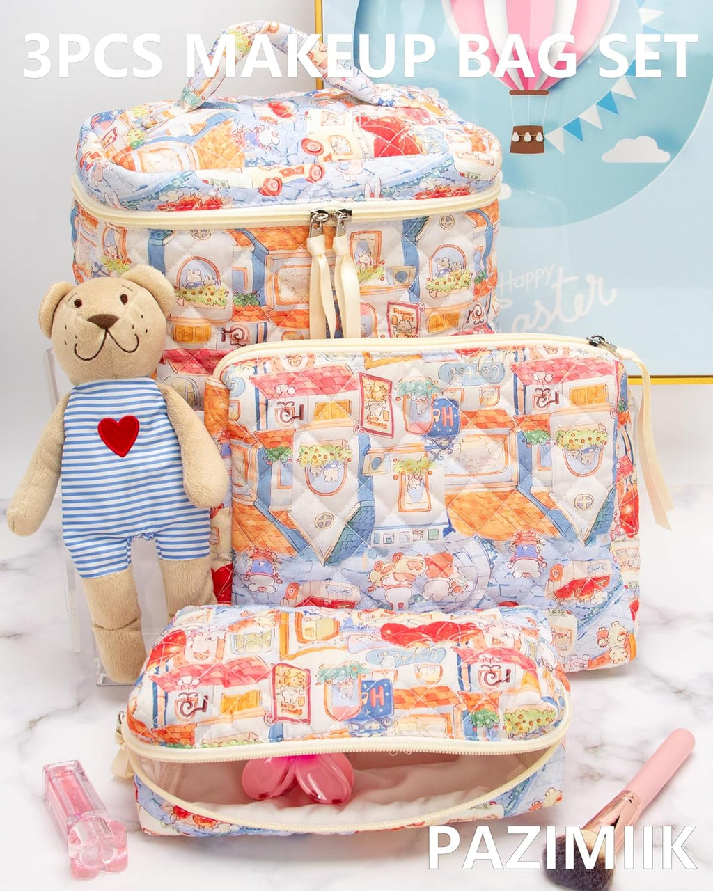 PAZIMIIK 3PCS Makeup Bag SET Large Travel Quilted Zipper Soft Cosmetic Case Pouch for Women Girls Make Up,Little Bunny