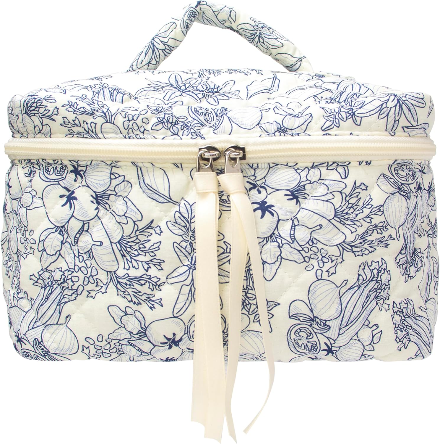 PAZIMIIK Quilted Makeup Bag Large Travel Zipper Soft Cosmetic Case for Women Girls Make Up,Flower White