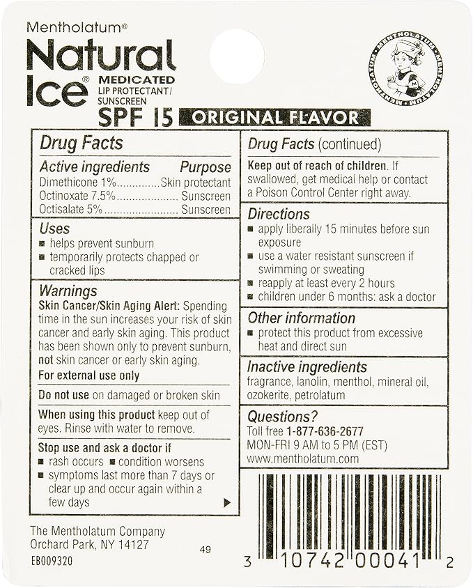 Mentholatum Natural Ice Original Medicated Lip Balm, Hydrating Lip Care for Dry, Chapped Lips, Moisturizing Formula with SPF 15 Helps Prevent Sunburn, Protection for Smooth, Soft Lips (Pack of 12)