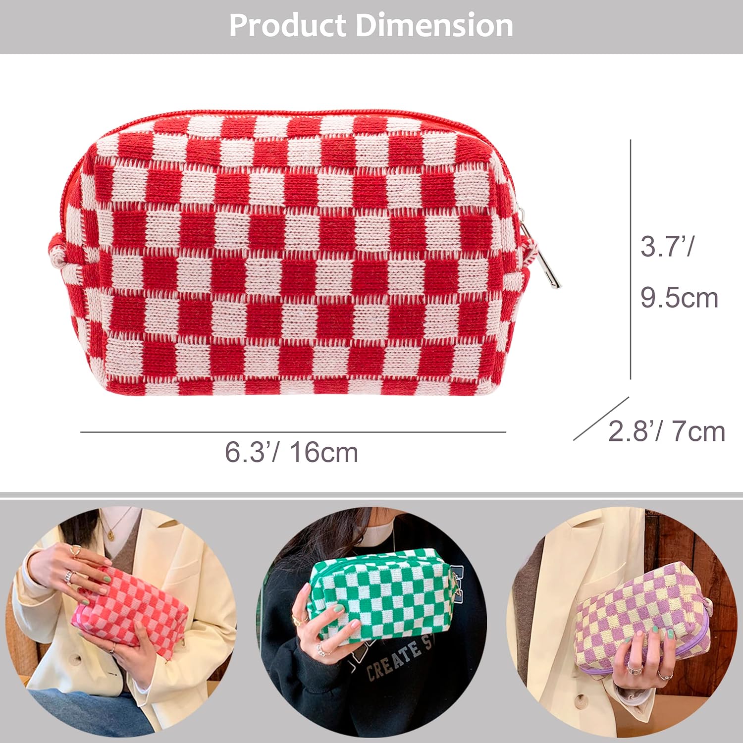 PAZIMIIK Checkered Makeup Bag for Purse Portable Zipper Make Up Pouch Small Cosmetic Case for Travel Accessories (Red)