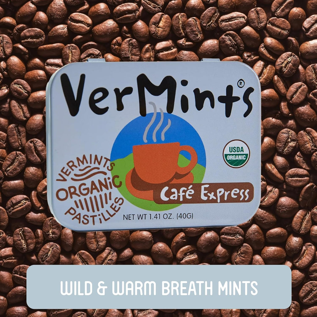 VerMints Organic Breath Mints Café Express - Real Ingredients, Lasting Coffee Flavor - Travel Size Tins - Non-GMO, Nut Free, Gluten Free, Vegan & Kosher Coffee Candy - 1.41oz Tins (Pack of 6)