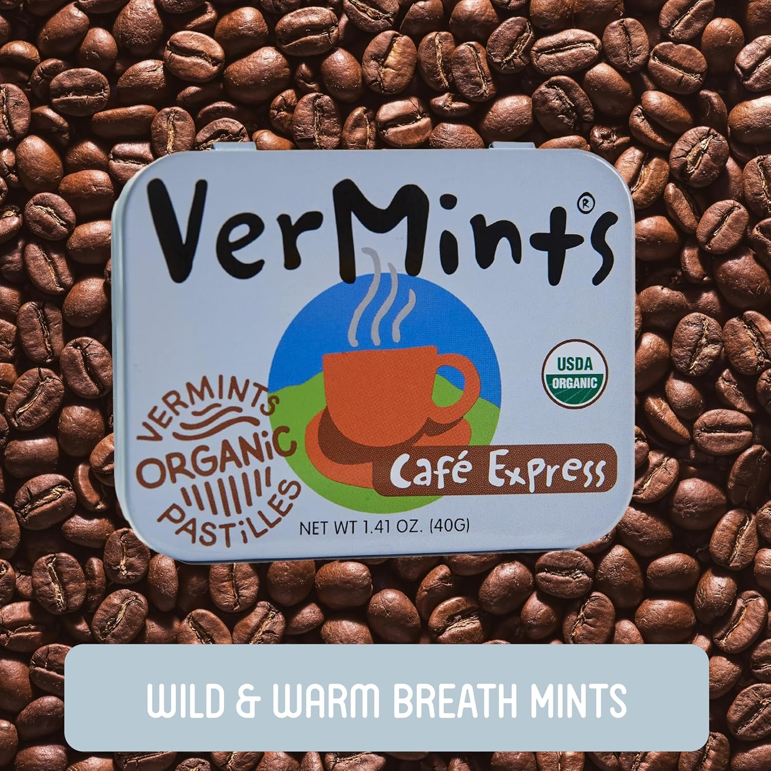 VerMints Organic Breath Mints Café Express - Real Ingredients, Lasting Coffee Flavor - Travel Size Tins - Non-GMO, Nut Free, Gluten Free, Vegan & Kosher Coffee Candy - 1.41oz Tins (Pack of 6)