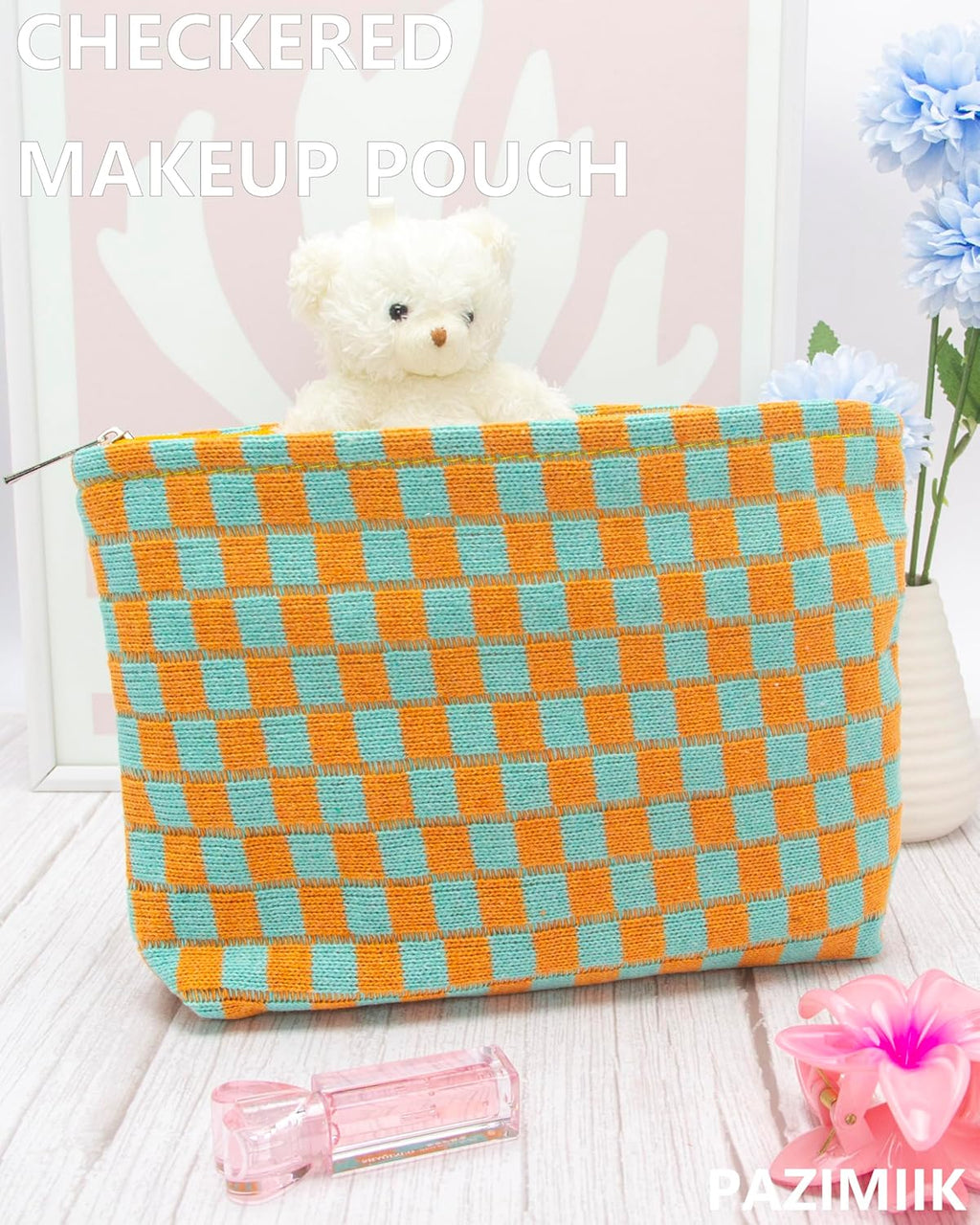 PAZIMIIK Knitted Checkered Makeup Bag Large Zipper Make Up Accessory Pouch for Purse Cosmetic Brush Bag for Travel Essential Orange Green