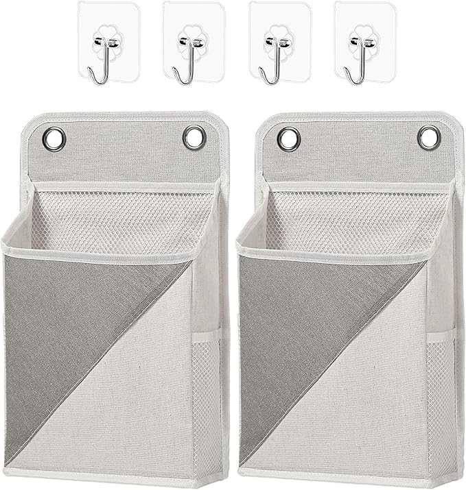 2pcs Wall Hanging Storage Organizer Bag, Hanging baskets with pockets for Wall organizing, Storage Hanging Bag for Bedroom, Dormitory, Study Room, Bathroom (Grey/White)