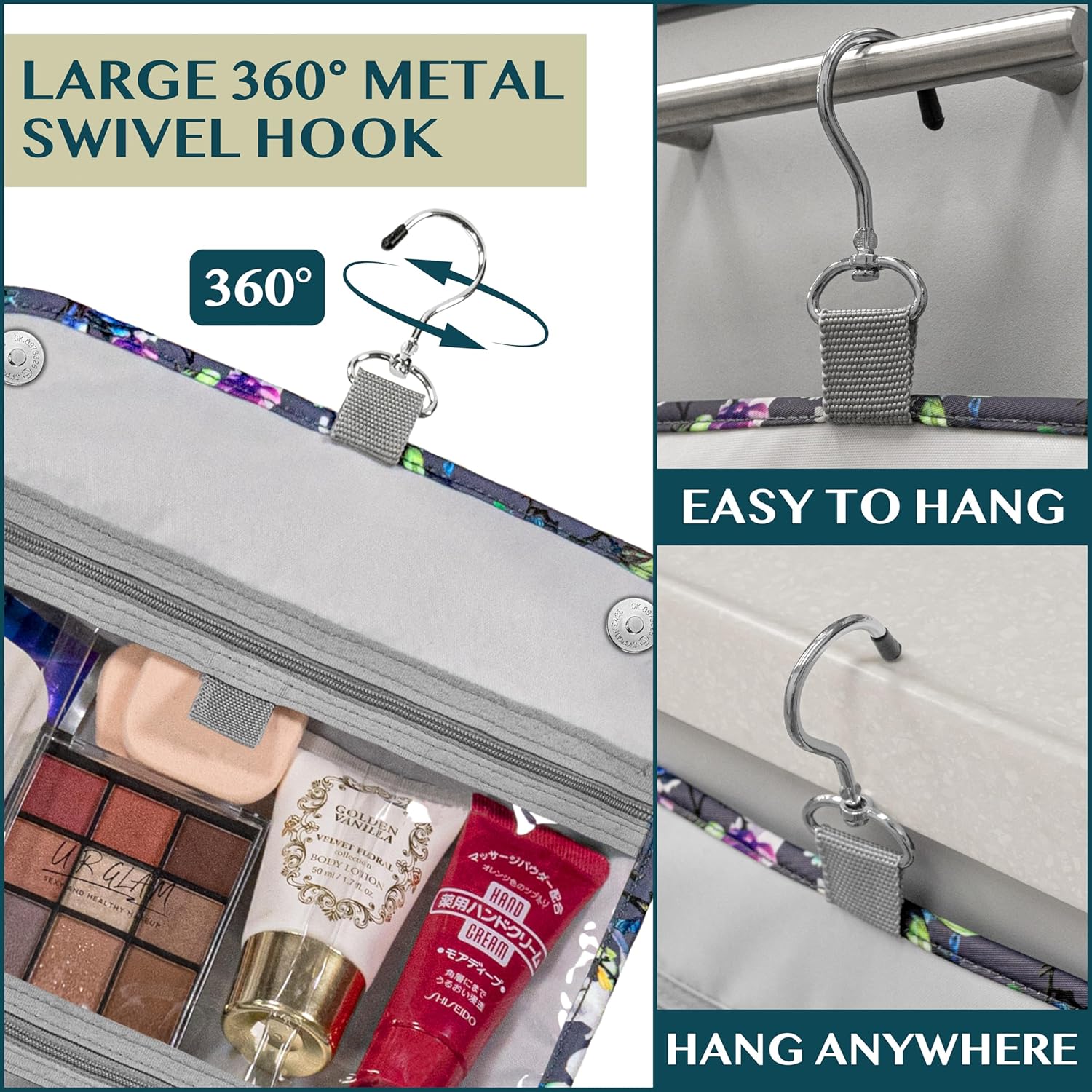 PAVILIA Hanging Toiletry Bag Women Men, Foldable Cosmetic Organizer Travel Bag, Water Resistant Makeup Bag Toiletries, Large Travel Essentials Kit (Grey Floral)