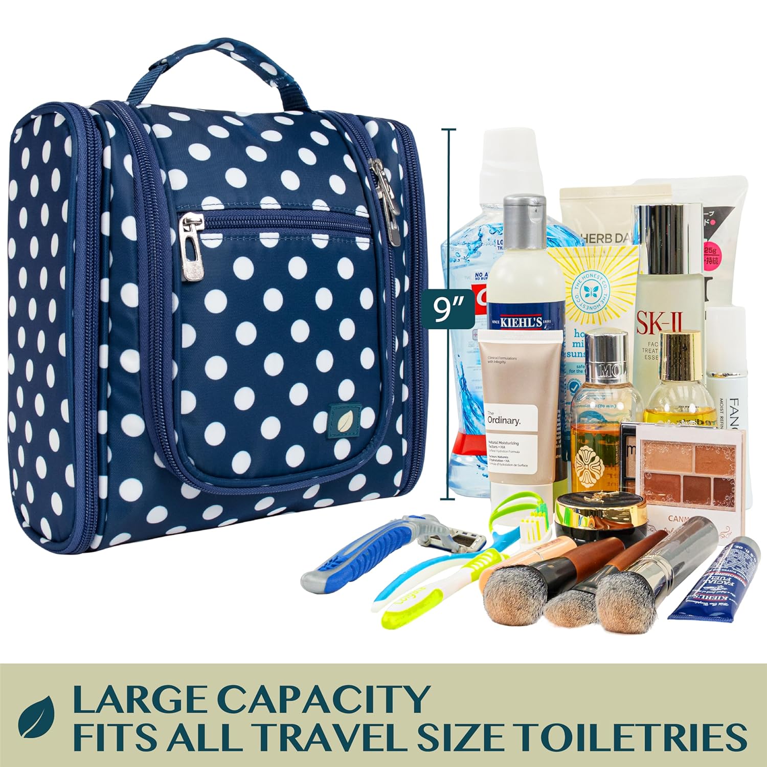 PAVILIA Toiletry Bag Travel Bag for Women Men, Hanging Cosmetic Organizer, Water Resistant Makeup Bag for Accessories Toiletries, Large Travel Essentials Kit (Navy Polka Dot)
