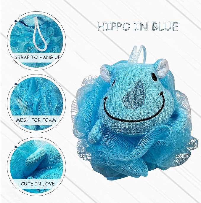 (4 Pack) Lovely Animal Design Kids Exfoliating Bath Scrubber Body Scrubber Shower Ball for Baby Toddler Kids Gentle Exfoliating Bath Sponge Loofah Pouf in Colorful Design (Joyful TERRICOLE)