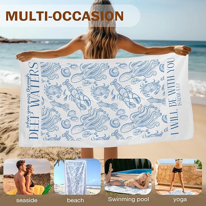 Blue Christian Coastal Beach Towel, Ocean Sea Animal Pool Towels, Coastal Christian Bible Large Beach Bath Travel Towels, I Will Be with You Blue Ocean Themed Bathroom Accessories Decor,30x60in
