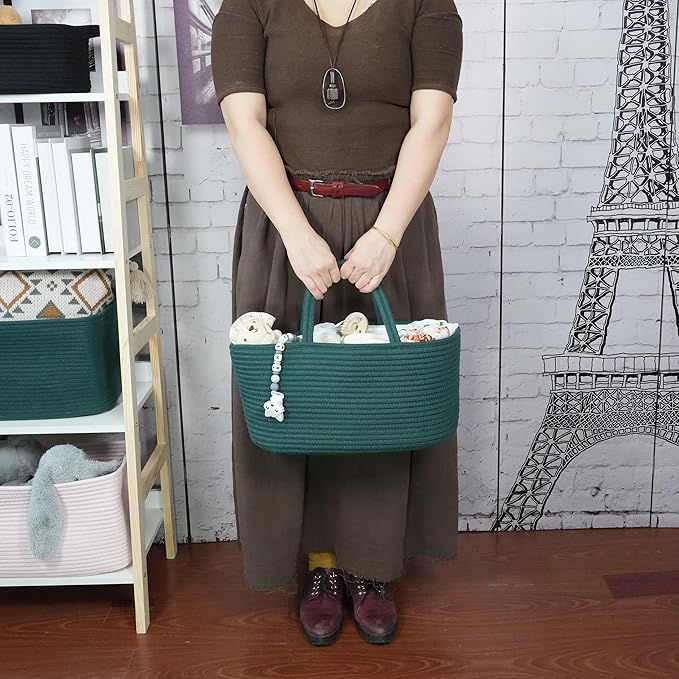 Large Baby Diaper Caddy Organizer for Girl Boy Rope Nursery Storage Bin Basket Portable Holder Tote Bag for Changing Table Car Travel Baby Shower Gifts basket dark green