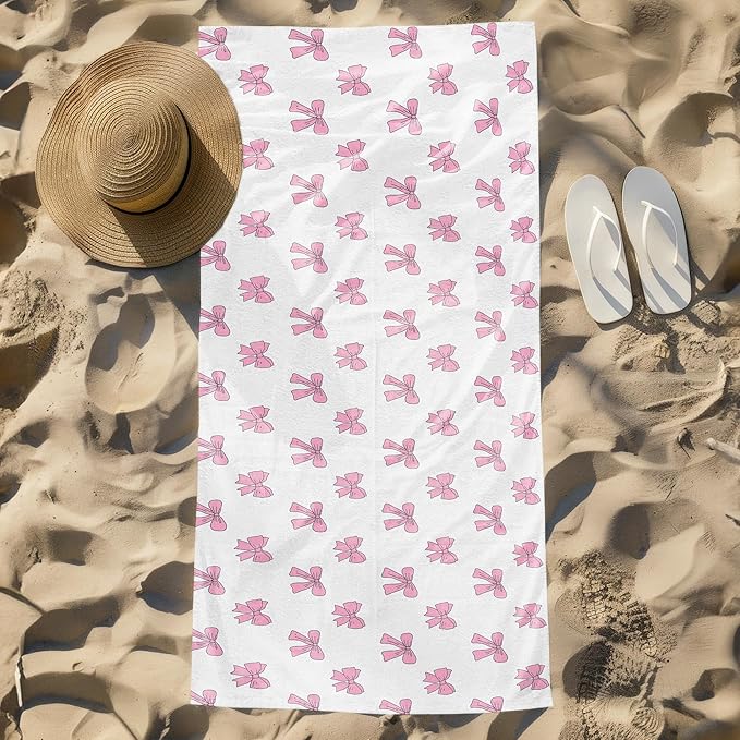 Pink Preppy Bow Beach Towel, Preppy Coquette Bow Pool Towels, Pink Girly Large Beach Bath Travel Towels for Teen Girls Women Swimming, Coquette Girly Bows Bathroom Accessories Decor, 30x60in