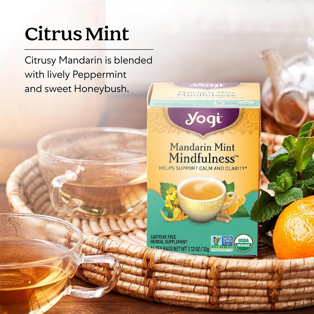 Yogi Tea Mandarin Mint Mindfulness - 16 Bags per Pack (4 Pack) - Organic Mandarin Mint Tea - Calming Herbal Tea - Includes Ashwagandha, Reishi Mushroom, Mandarin, Peppermint & More
