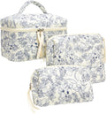 PAZIMIIK 3PCS Makeup Bag SET Large Travel Quilted Zipper Soft Cosmetic Case Pouch for Women Girls Make Up,Flower White
