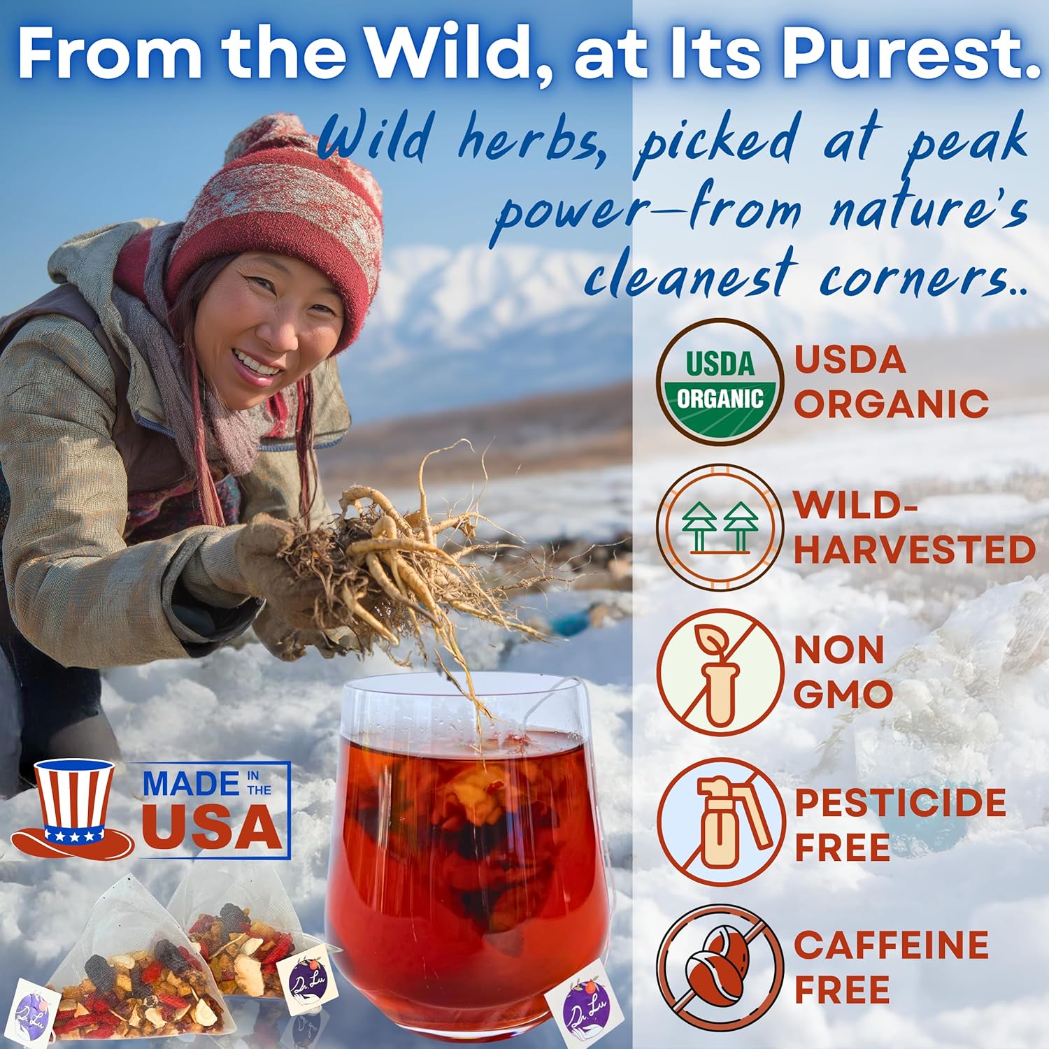 2 Pack of Dr. Lu’s Organic Ginseng Five Treasures Tea Kidney Tea | Ginseng Six Treasures tea for Kidney Cleanse Detox & Repair with Maca Root in Corn Fiber Pyramid Bags (No Plastic/Nylon) | Made in US