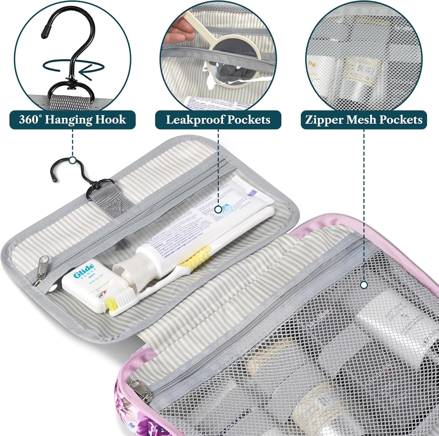 PAVILIA Hanging Toiletry Bag Travel Bag Women Men, Foldable Cosmetic Organizer, Roll up Makeup Bag, Water Resistant Accessories Toiletries, Large Travel Essentials Kit (Purple Floral)