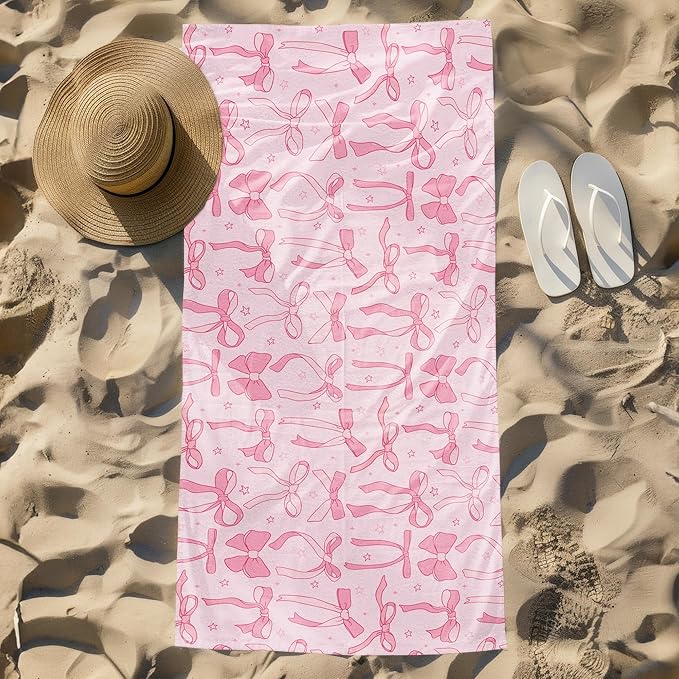 Pink Preppy Bow Beach Towel, Pink Girly Pool Towels, Preppy Coquette Bow Large Beach Bath Travel Towels for Teen Girls Women Swimming, Coquette Girly Bows Bathroom Accessories Decor, 30x60in