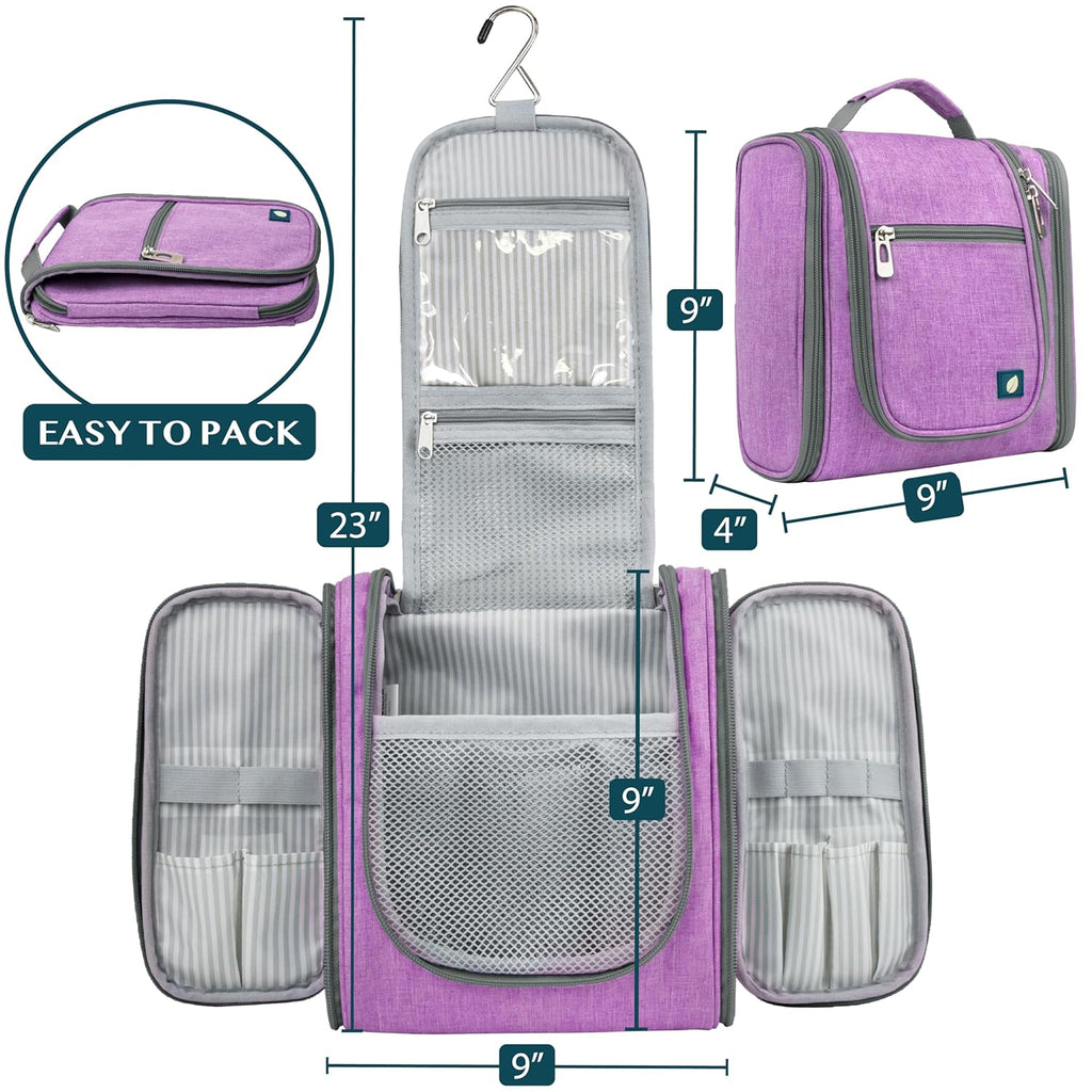 PAVILIA Toiletry Bag Travel Bag for Women Men, Hanging Cosmetic Organizer, Water Resistant Makeup Bag for Accessories Toiletries, Large Travel Essentials Kit (Purple)