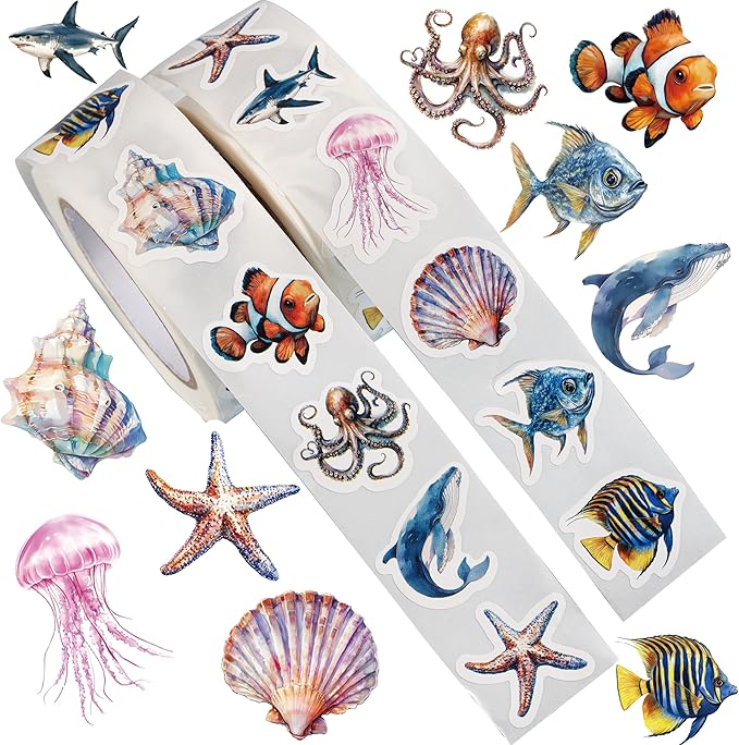 1000PCS Ocean Animal Stickers Roll for Kids, 2 Rolls, 10 Styles Cartoon Sea Creature Stickers, Whales, Octopus, Sharks, Jellyfish, Clownfish, Shells & Fish Decals for Classroom Rewards