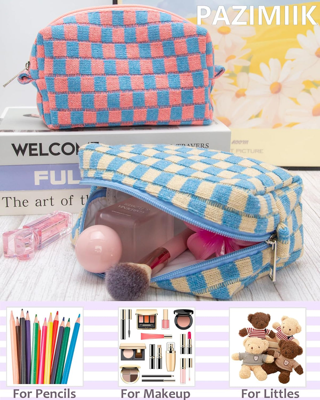 PAZIMIIK 2PCS Checkered Makeup Bag for Purse Portable Zipper Make Up Pouch Small Cosmetic Case for Travel Accessories Blue Beige