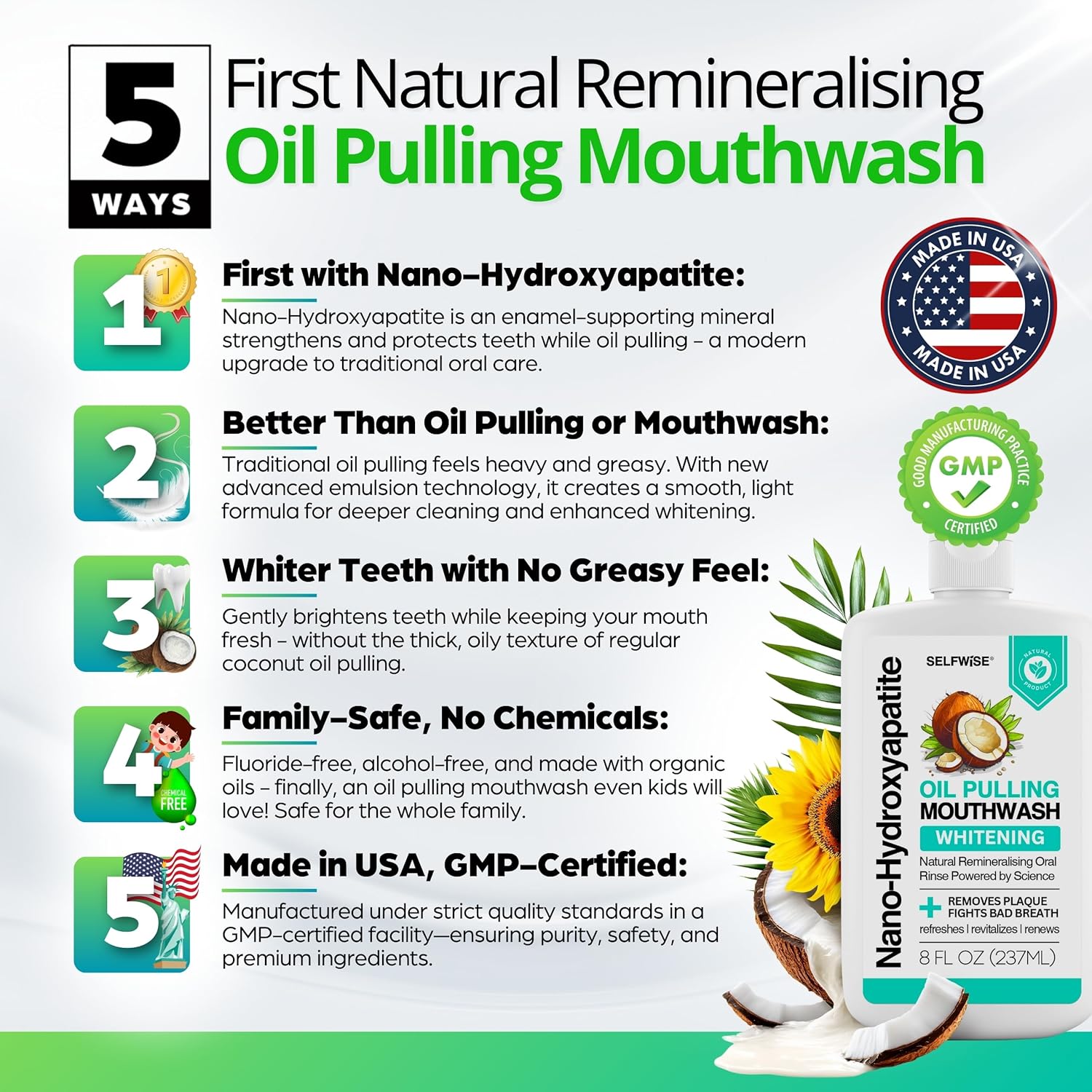 Nano-Hydroxyapatite Oil Pulling Whitening Mouthwash for Teeth and Gums, Natural & Organic, Whitens Teeth, Strengthens Enamel, Fights Bad Breath & Plaque – Smooth & Non-Greasy – for Adults & Kids
