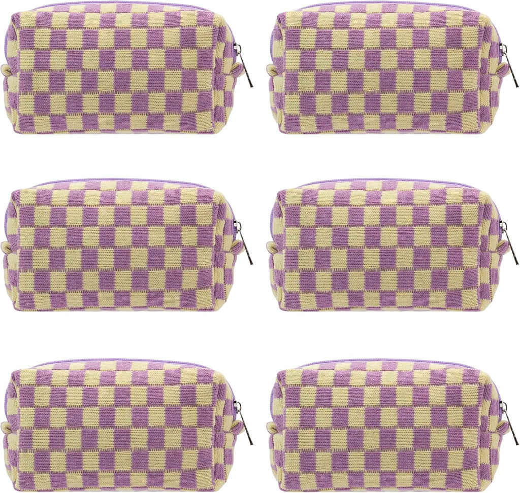 PAZIMIIK Checkered Makeup Bag for Purse Portable Zipper Make Up Pouch Small Cosmetic Case for Travel Accessories (6PCS Purple)