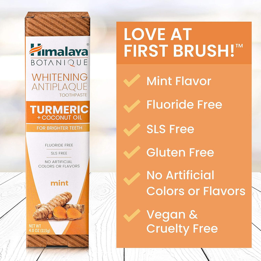 Himalaya Botanique Turmeric & Coconut Oil Whitening Antiplaque Herbal Toothpaste, Whitens Teeth, Fluoride Free, No Artificial Flavors, SLS Free, Vegan, Cruelty Free, Foaming, Mint Flavor, 4 Oz, 2 Pack