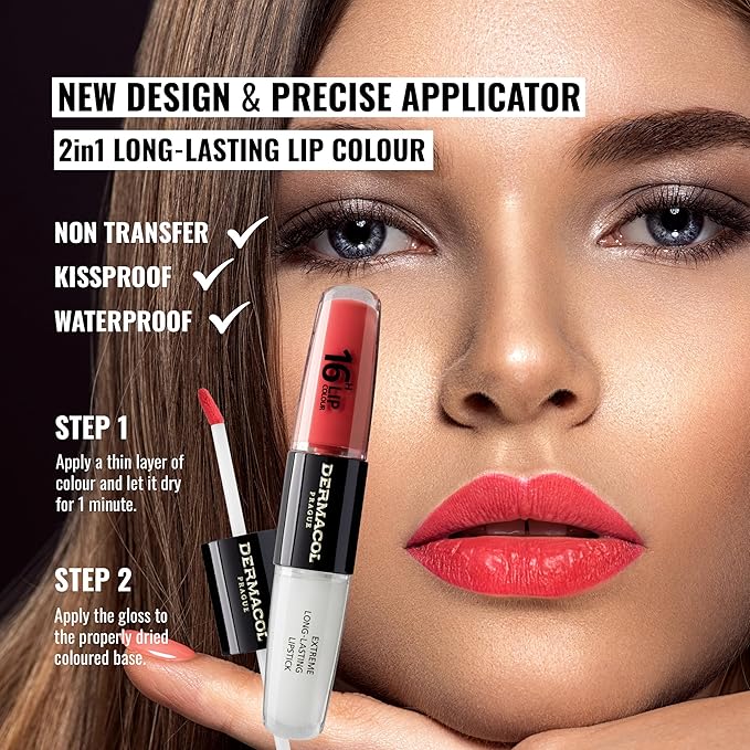 Dermacol NEW 16-Hour Lip Colour, Highly Pigmented Glossy Lip Stain, Two-Phase Lip Plumper Gloss, Kissproof Lip Makeup Products with Matte and Glitter Finish, n. 36