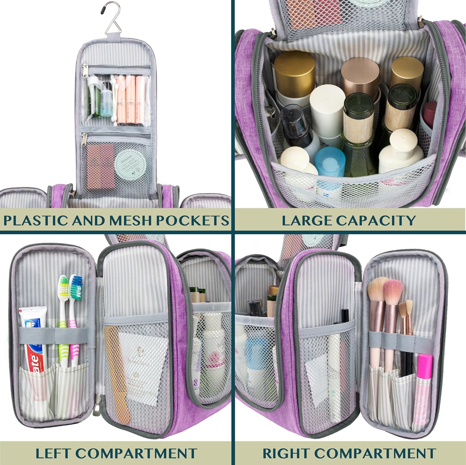 PAVILIA Toiletry Bag Travel Bag for Women Men, Hanging Cosmetic Organizer, Water Resistant Makeup Bag for Accessories Toiletries, Large Travel Essentials Kit (Purple)