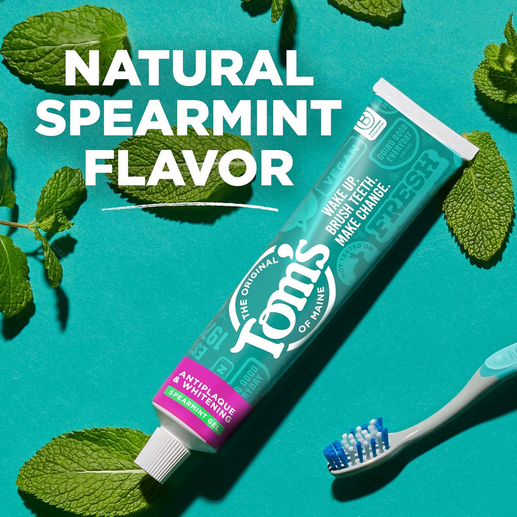 Tom's of Maine Antiplaque and Whitening Fluoride Free Natural Toothpaste Gel, Vegan, Spearmint, 4 Ounces (3 Pack)