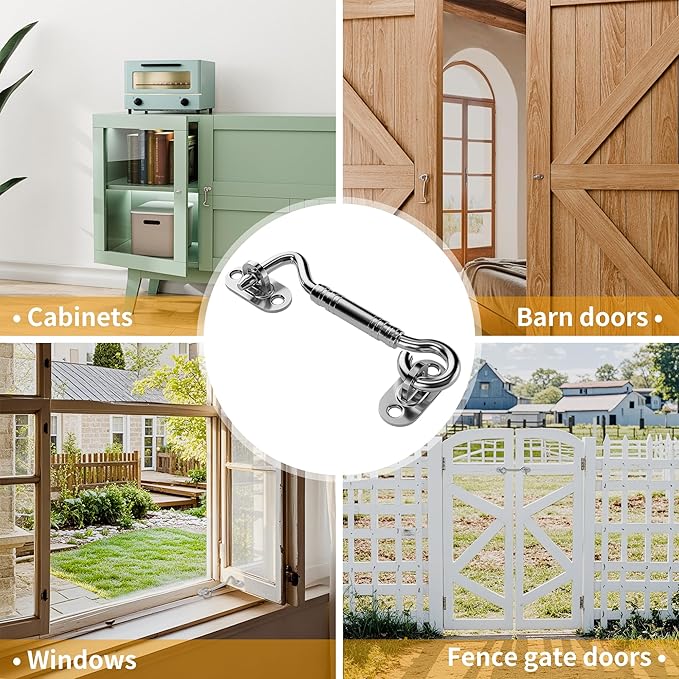 4'' Door Latch Door Lock Hardware, 4'' Stainless steels Hook and Eye Gate Latch Easy Lock for Barn Door, Silver Sliding Door Lock with Screws for Window, Cabin Hooks
