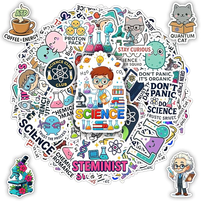 100 PCS Science Stickers Pack, Vinyl Waterproof Decals of Atoms DNA Microscopes Space Planets Math Formulas, Fun Gift for Kids Teens Adults Students Teachers Laptop Water Bottle Scrapbook
