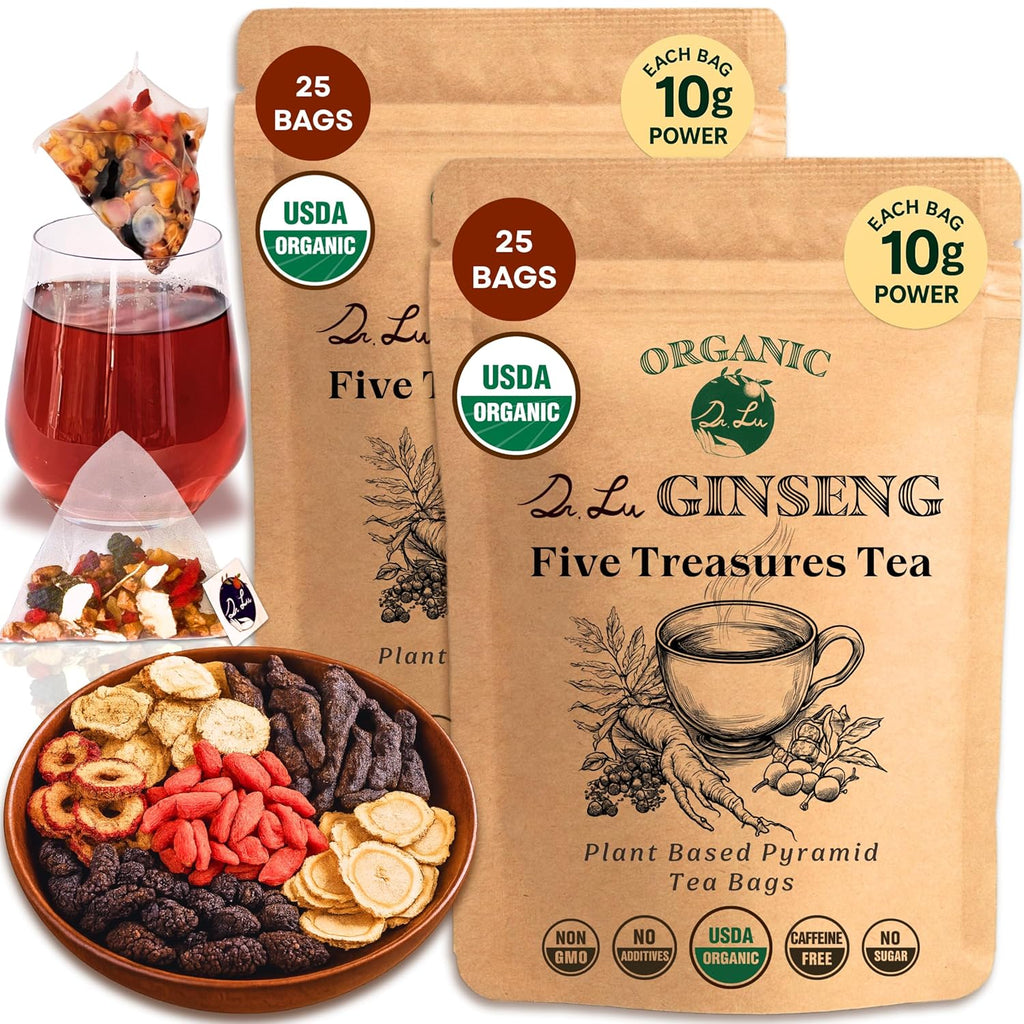2 Pack of Dr. Lu’s Organic Ginseng Five Treasures Tea Kidney Tea | Ginseng Six Treasures tea for Kidney Cleanse Detox & Repair with Maca Root in Corn Fiber Pyramid Bags (No Plastic/Nylon) | Made in US