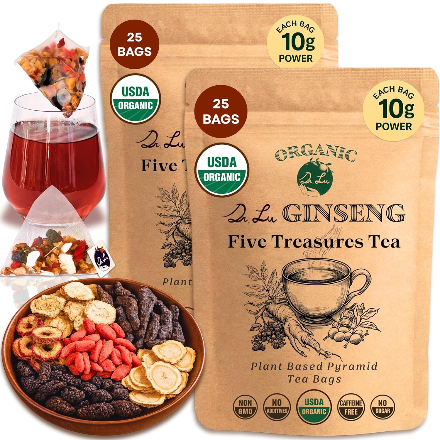 2 Pack of Dr. Lu’s Organic Ginseng Five Treasures Tea Kidney Tea | Ginseng Six Treasures tea for Kidney Cleanse Detox & Repair with Maca Root in Corn Fiber Pyramid Bags (No Plastic/Nylon) | Made in US