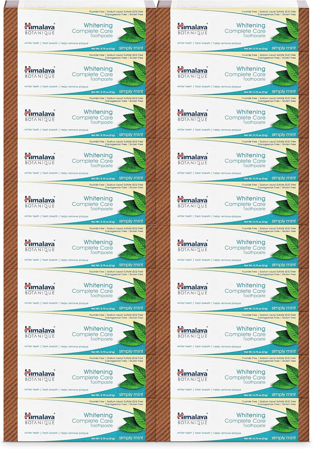 Himalaya Botanique Whitening Complete Care Toothpaste, 20 Pack Travel Size, Teeth Whitening, Fights Plaque, Fluoride Free, No Artificial Flavors, SLS Free, Simply Mint Flavor, TSA Approved, 0.74 Oz