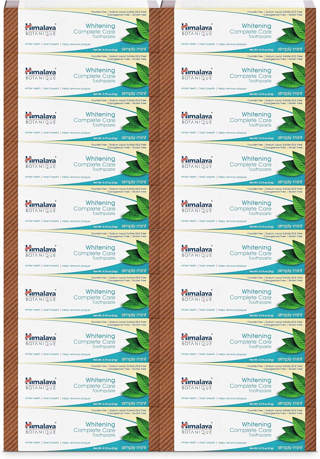 Himalaya Botanique Whitening Complete Care Toothpaste, 20 Pack Travel Size, Teeth Whitening, Fights Plaque, Fluoride Free, No Artificial Flavors, SLS Free, Simply Mint Flavor, TSA Approved, 0.74 Oz