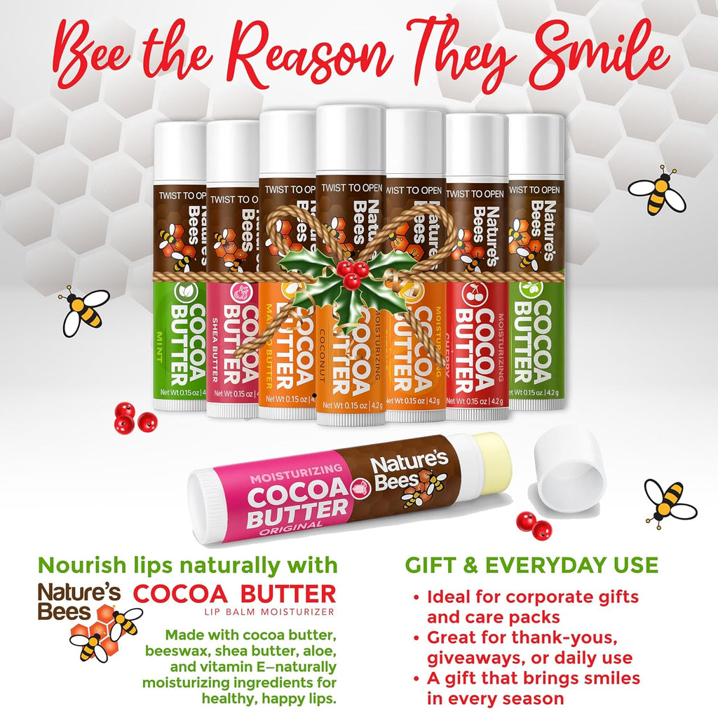 Nature's Bees, Cocoa Butter Flavored Lip Balm Tubes Set Bulk Assortment Chap Treatment Moisturizer For Dry Lips, Original Variety Assortment (Shea Butter, Original, Olive Oil, Mango Butter) - 48 Pack