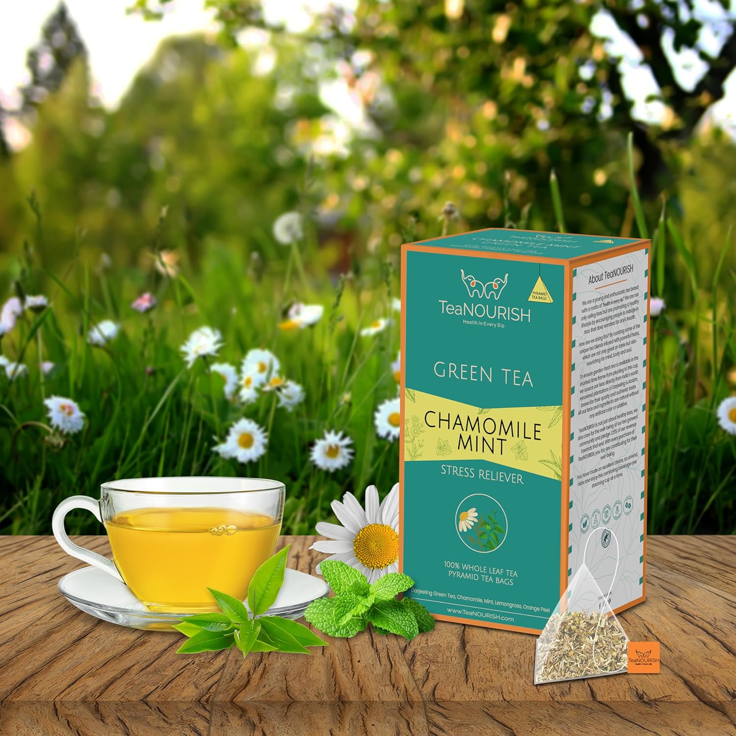 TeaNOURISH Chamomile Mint Green Tea | 20 Count Pyramid Tea Bags | Darjeeling Whole Leaf Tea Blend | Natural Sleep Tea with Calming & Relaxing Properties