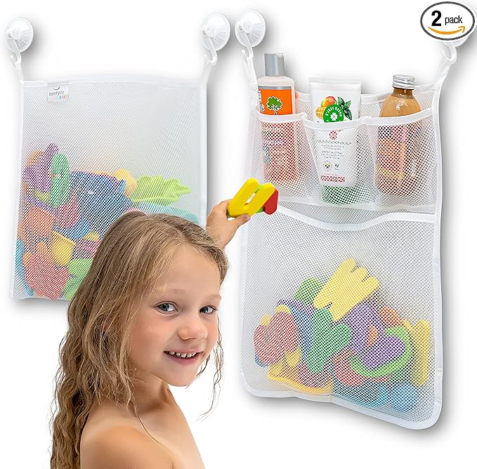 2 x Mesh Bath Toy Organizer + 8 Ultra Strong Hooks – The Perfect Bathtub Toy Holder & Bathroom or Shower Caddy – These Multi-use Net Bags Make Baby Bath Toy Storage Easy – For Kids & Toddlers