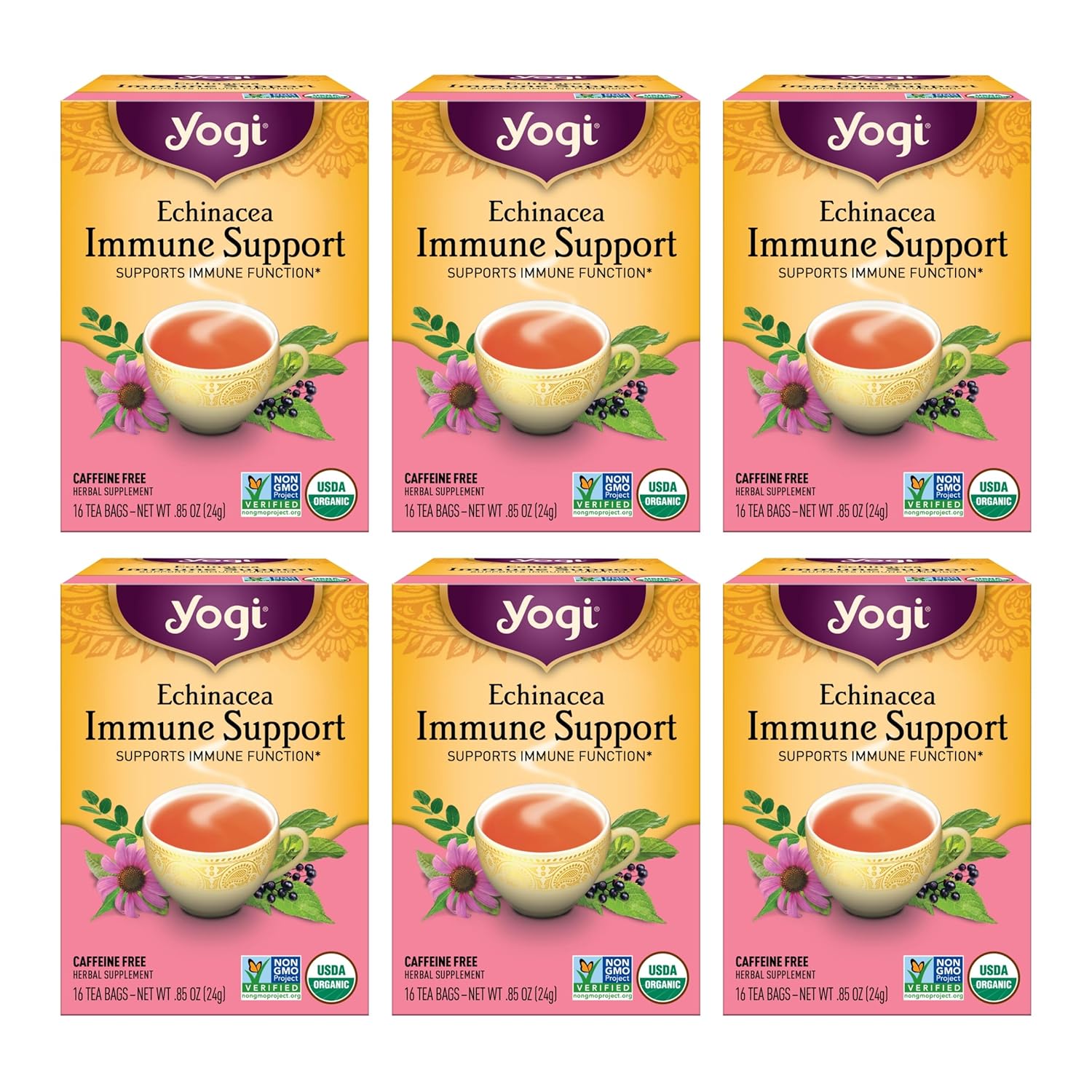 Yogi Tea Echinacea Immune Support Tea - 16 Tea Bags per Pack (6 Packs) - Organic Immunity Support Tea - Includes Peppermint Leaf, Lemongrass, Cinnamon Bark, Echinacea Purpurea, Licorice Root & More