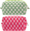 PAZIMIIK Checkered Makeup Bag for Purse Portable Zipper Make Up Pouch Small Cosmetic Case for Travel Accessories (2PCS Hotpink Light Green)