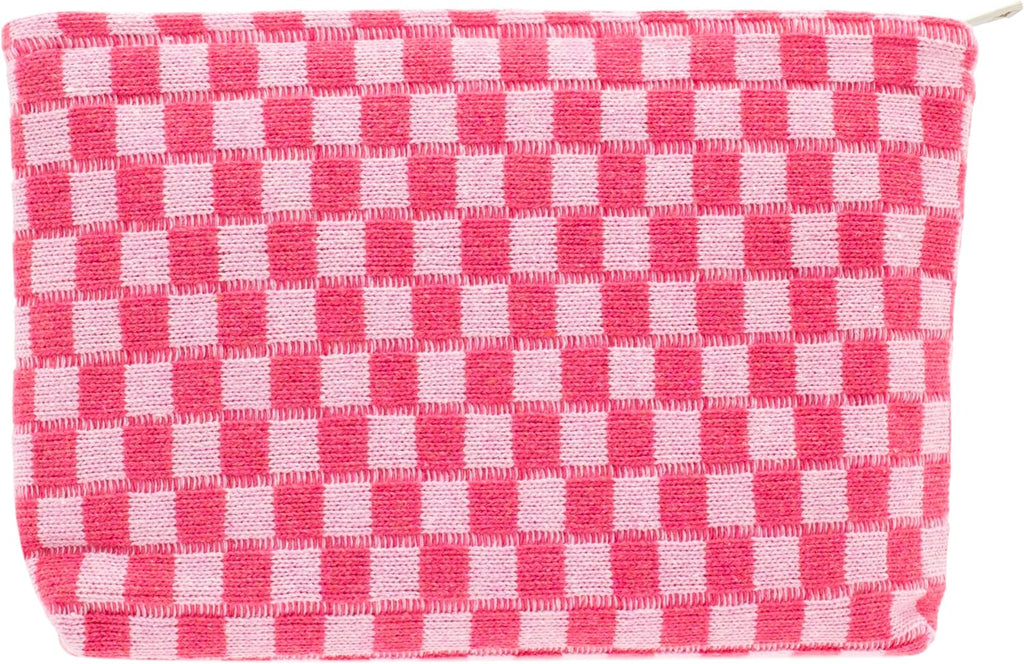 PAZIMIIK Knit Checkered Makeup Bag Large Zipper Make Up Accessory Pouch for Purse Cosmetic Brush Bag for Travel Essential,Hotpink