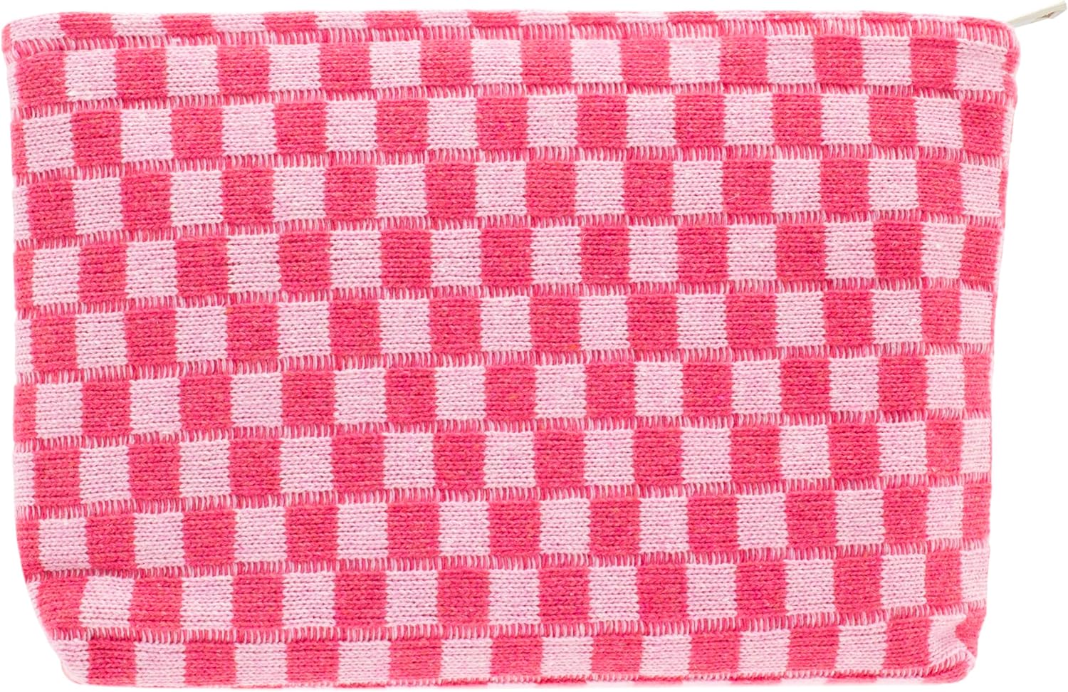 PAZIMIIK Knit Checkered Makeup Bag Large Zipper Make Up Accessory Pouch for Purse Cosmetic Brush Bag for Travel Essential,Hotpink
